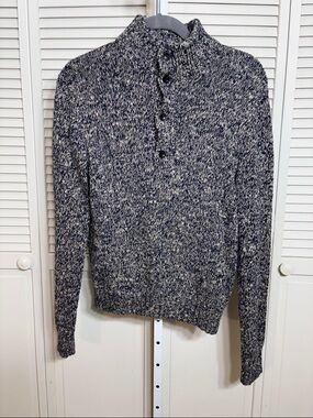 Vintage Polo Ralph Lauren Navy and Cream Marled Mock Button-Neck Sweater Large